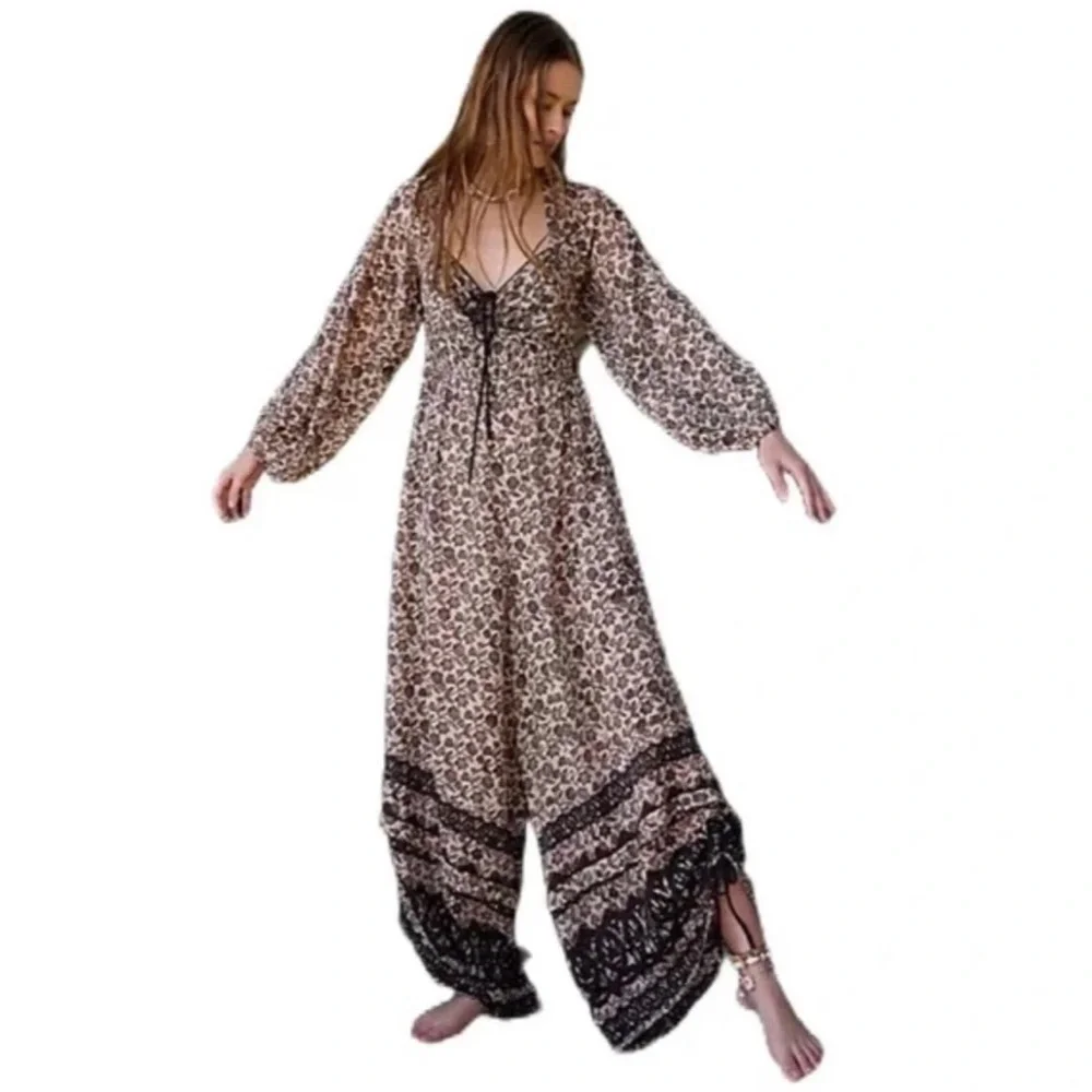 Free People Soulmate Balloon Leg Jumpsuit Long Sleeve Boho Neutral Floral  Sz M